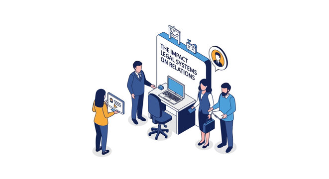 Isometric Illustration of Legal System Impact on Relationships.
