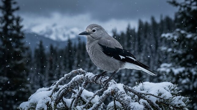 Clark's Nutcracker in Snow Rocky Mountains Vivid Grey White Black Eye-level Intimate Close Approach