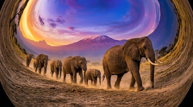 African Bush Elephant Matriarch Leading Herd Across the Amboseli Dry Lake Bed Kilimanjaro Behind Action Freeze-frame Tracking - Midday Sun