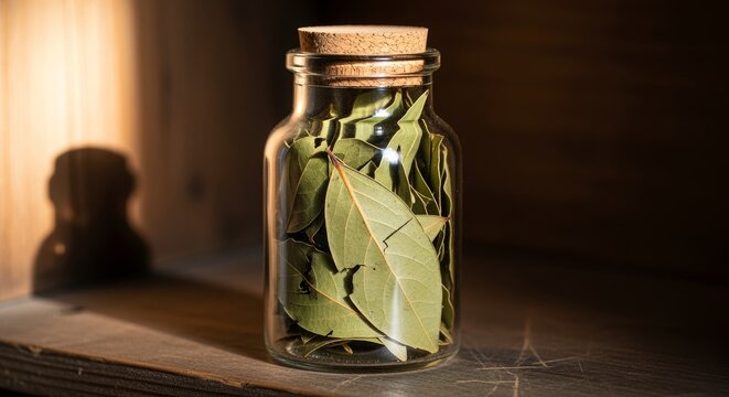 Bay Leaves Stored in a Glass Jar with a Cork Stopper