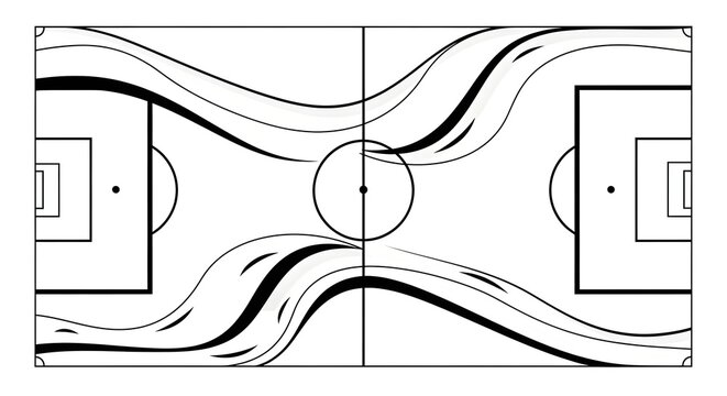 An abstract soccer field with artistic lines and design elements. The composition creates a unique visual of a football pitch.