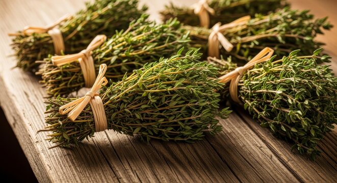 Fresh Bunches of Aromatic Thyme Tied with Raffia on a Rustic Wooden Surface