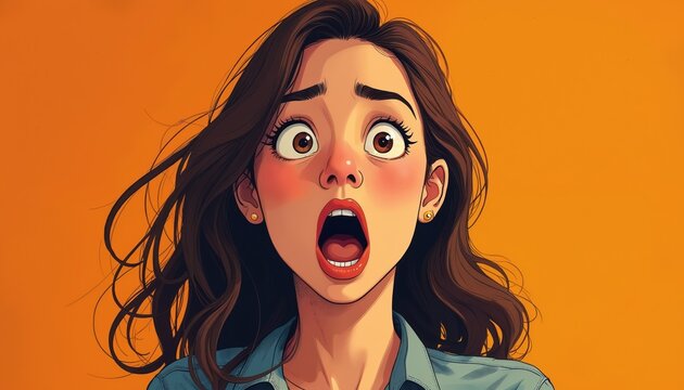 Young woman with wide eyes and open mouth gasps in surprise. Her hair blows in the wind against a bright orange background. Expressing shock fear or sudden realization with dramatic emotion.