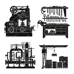 Obraz premium Industrial Machinery and Workshop Tools Silhouette Icons