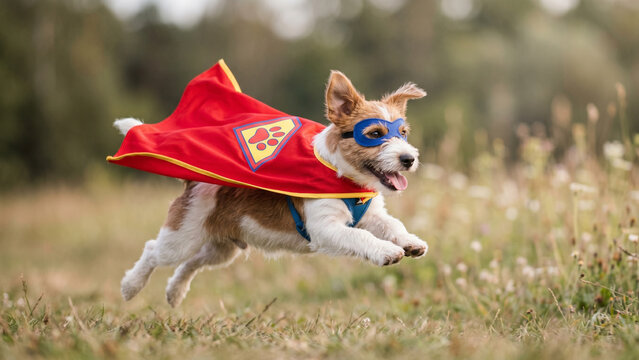 Dog dressed as superhero, Cute Jack Russell puppy in funny costumes, adorable pets dressed as characters and professions, humorous animal portrait.