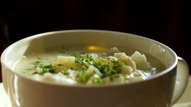 Steaming hot bowl of creamy potato leek soup garnished with fresh green parsley served in white ceramic mug.