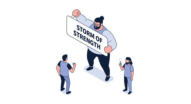 Isometric illustration of a strong person holding a sign with text.