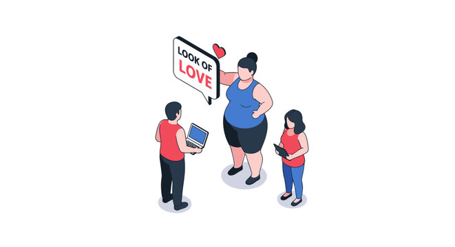 Isometric illustration of a plus-size woman with speech bubble and two people.