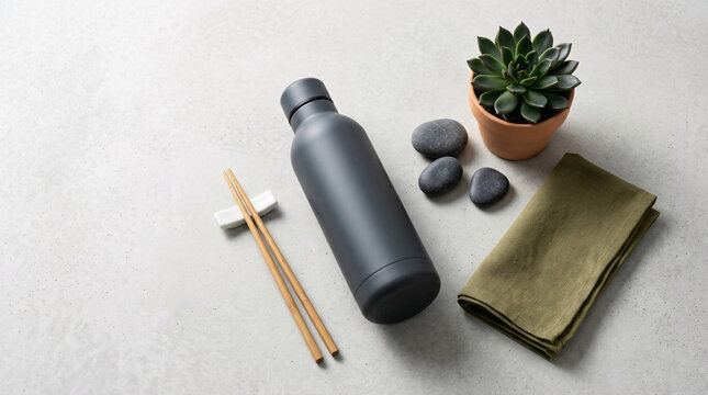 Accessoires bien-&ecirc;tre avec gourde et pierres zen