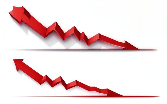 Red arrows depict downward trends symbolizing decline or decrease in