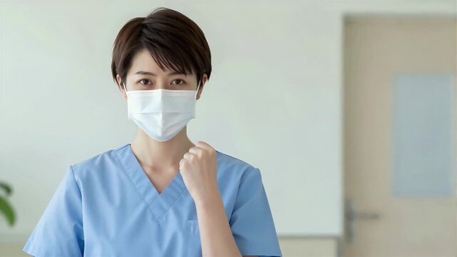 Determined Healthcare Worker Ready to Face Challenges in Hospital,Pixie cut, Copy space on the right, 4K