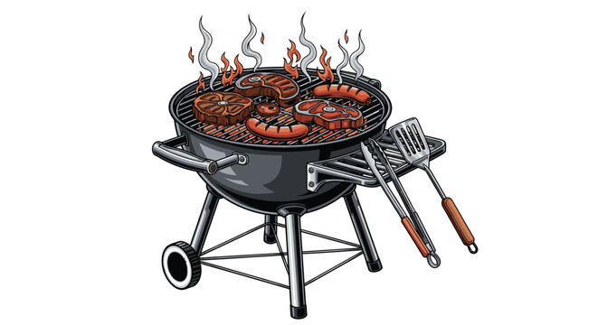 Barbecue grill with sizzling meat on fire.