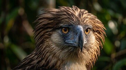 Fototapeta premium Philippine Eagle Face Portrait Mindanao Brown Mane Feathers Framing Face Close-up Eye-level Intimate Close Approach