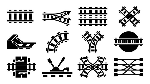 Railway Track Layout Icons &ndash; Railroad Switches, Junctions and Rail Network Silhouettes