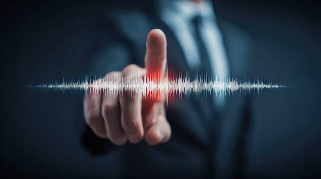 Businessman interacting with a futuristic digital audio waveform interface with a glowing red touchpoint on the index finger in a dark blurred background environment