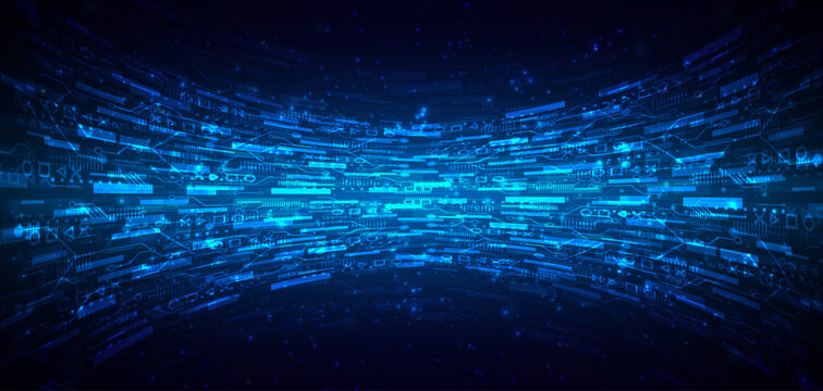 Glowing blue lines with sparkling light effects on a dark background. The concept relates to high-speed internet technology, wireless data transmission, and internet network connectivity.
