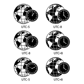 Global Time Zones: UTC Clocks with Earth Icons Representing Different Time Differences