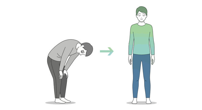 A vector illustration showing a person recovering from bending over with hands on their knees to standing straight, depicted in a simple line art style against a clean, isolated white