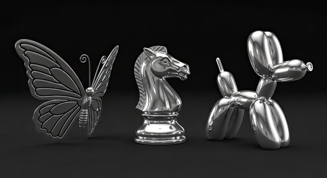 Silver butterfly chess knight and balloon dog on black background