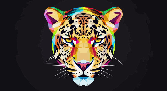 Colorful Geometric Leopard Head Portrait, Abstract Low Poly Animal Art
