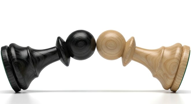 Black and white wooden chess pawns touching on white background