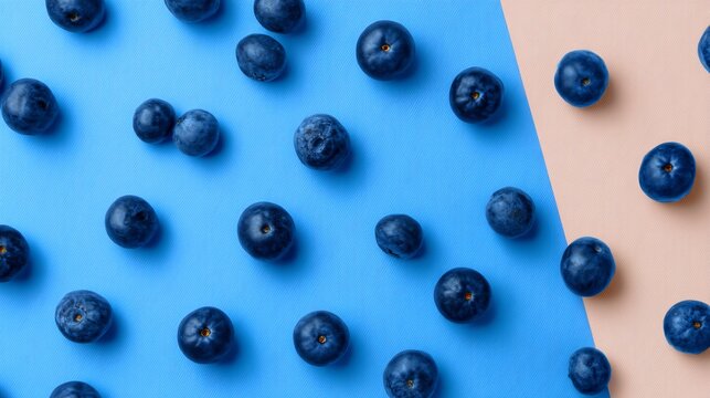 Overhead flat lay of blueberries, minimal composition, negative space, modern food background, Adobe Stock SEO friendly