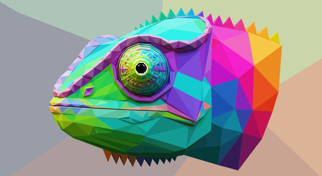 Low Poly Chameleon Head, Vibrant Geometric Animal Art, Colorful Reptile Portrait