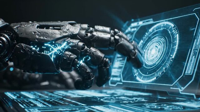 A robotic hand with glowing blue circuits interacts with a futuristic digital interface, conveying innovation and technology.