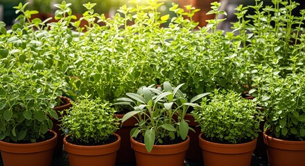 Naklejka premium Fresh Potted Herbs Growing in a Sunny Garden