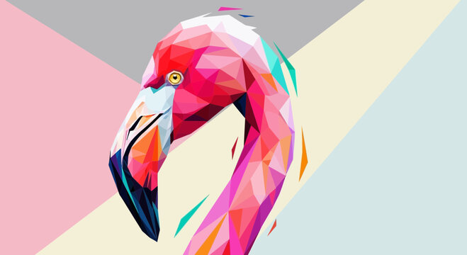 Abstract Geometric Flamingo Head, Low Poly Art, Vibrant Colors, Modern Design