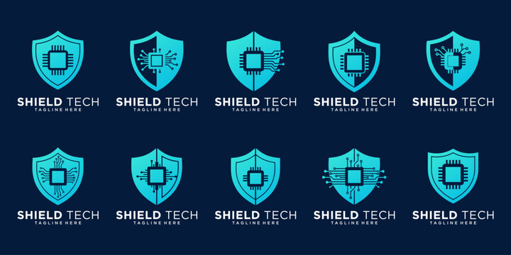 Blue shield security logo set with lock and pixel design, ideal for cyber defense, antivirus, and network protection companies.