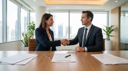 Plakat A successful business deal agreement with a handshake between two partners. They are seated across a wooden table with city view