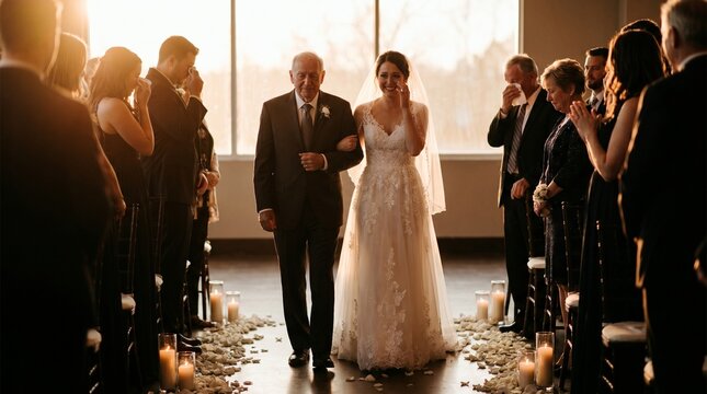 A touching moment between father and bride as they walk down the aisle on her wedding day