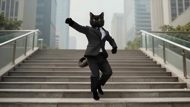 Funny Business Cat Dancing Between Skyscrapers, 4K, Seamless loop