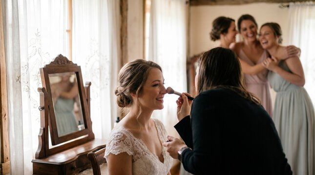 A bride getting ready with bridesmaids at her wedding, with the assistance of a makeup artist