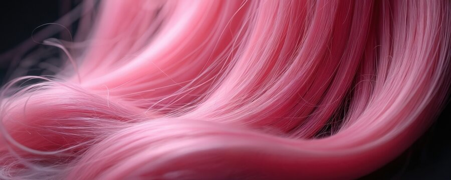 Close-up of vibrant pink hair extensions showing silky texture and flowing strands. Soft light accentuates smooth quality for beauty and fashion styling inspiration.