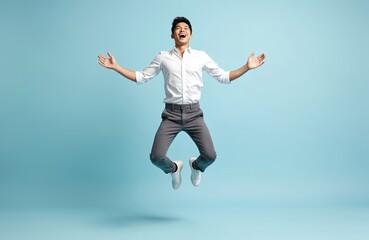 Fototapeta premium Young Asian man jumps with arms spread wide and face toward sky. He wears white shirt grey pants, white sneakers, on isolated light blue studio backdrop, expressing pure joy and freedom.