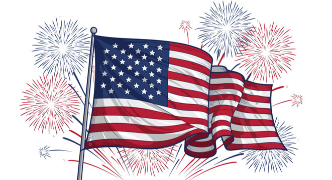 American flag waving with fireworks.