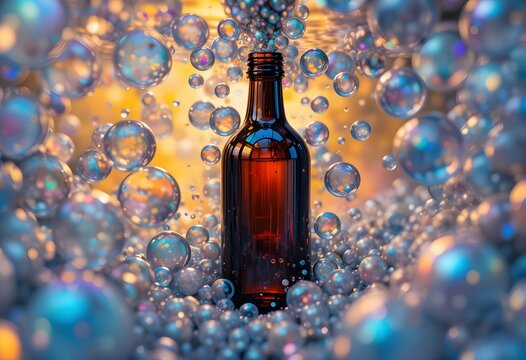 Amber glass bottle surrounded by shimmering bubbles and bokeh lights, creating a magical and vibrant atmosphere