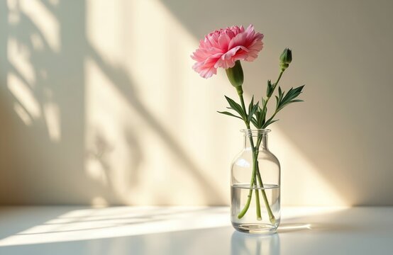 Single pink carnation bloom in clear glass bottle vase. Sunlight casts soft shadows on wall and tabletop. Bud and green stems add natural detail. Minimalist home decor object.
