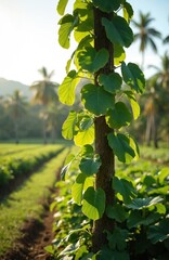 Naklejka premium Green vine plant climbs tree trunk. Large leaves grow on stem in sunlight. Farm field and palm trees in background. Lush tropical foliage grows.