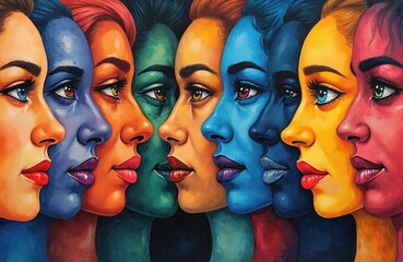 Obraz premium Group of diverse faces painted in vibrant colors. Women portraits show unity, equality, and shared human identity. Abstract background implies community, acceptance, and belonging.