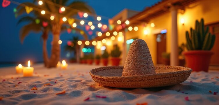 Straw sombrero rests on beach sand at night. String lights glow over palm trees and buildings. Candles flicker, casting warm light. Party atmosphere, festive decorations.