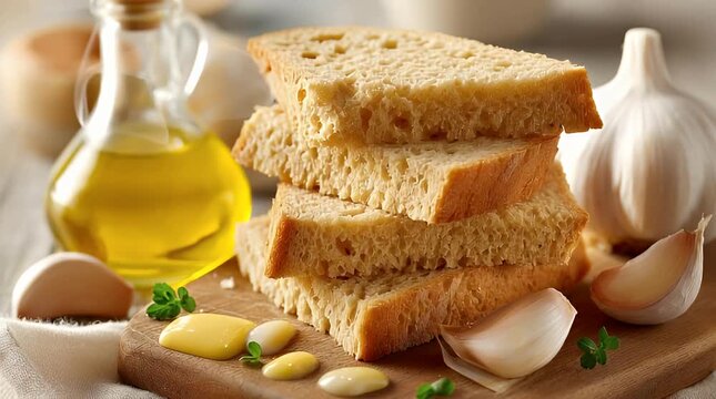 Rustic bread slices with garlic and olive oil on a wooden board an appetizing still life showcasing Italian flavors and culinary ingredients for food blogs
