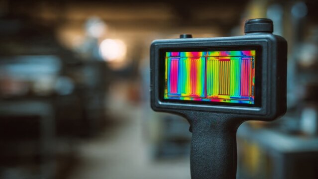 Handheld industrial thermal camera showing infrared heat map