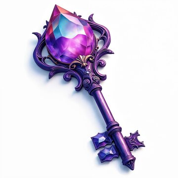 Ornate purple key boasts large faceted amethyst gem. Decorative baroque handle and bit. Intricate metalwork design. Luxurious, elegant, fantasy, magic.