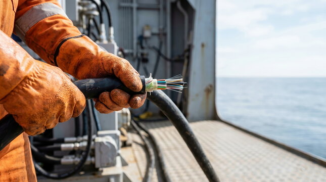 Communication cable, engineer hands inspecting exposed fiber strands on offshore vessel deck, global connectivity technology.