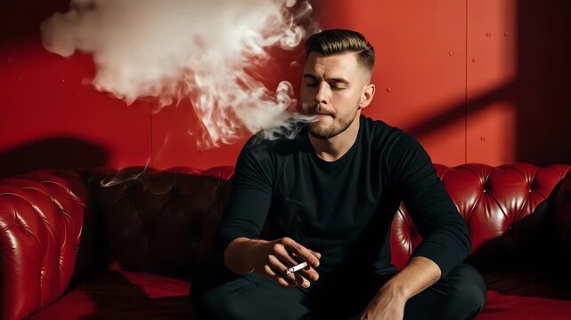 Cinematic Sequence of Man Exhaling Thick Smoke on Red Leather Sofa