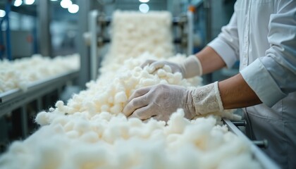 Naklejka premium Worker in gloves sorts raw wool fibers on a conveyor belt. Factory equipment processes natural material for textile manufacturing industry. Quality control checks fiber batches.