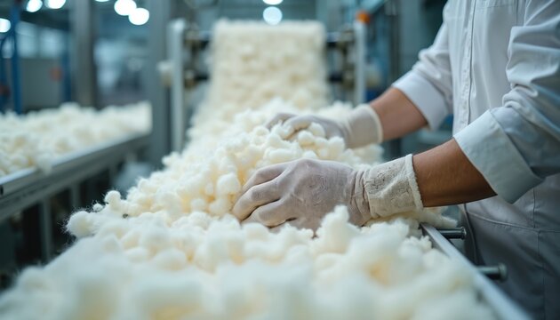 Worker in gloves sorts raw wool fibers on a conveyor belt. Factory equipment processes natural material for textile manufacturing industry. Quality control checks fiber batches.